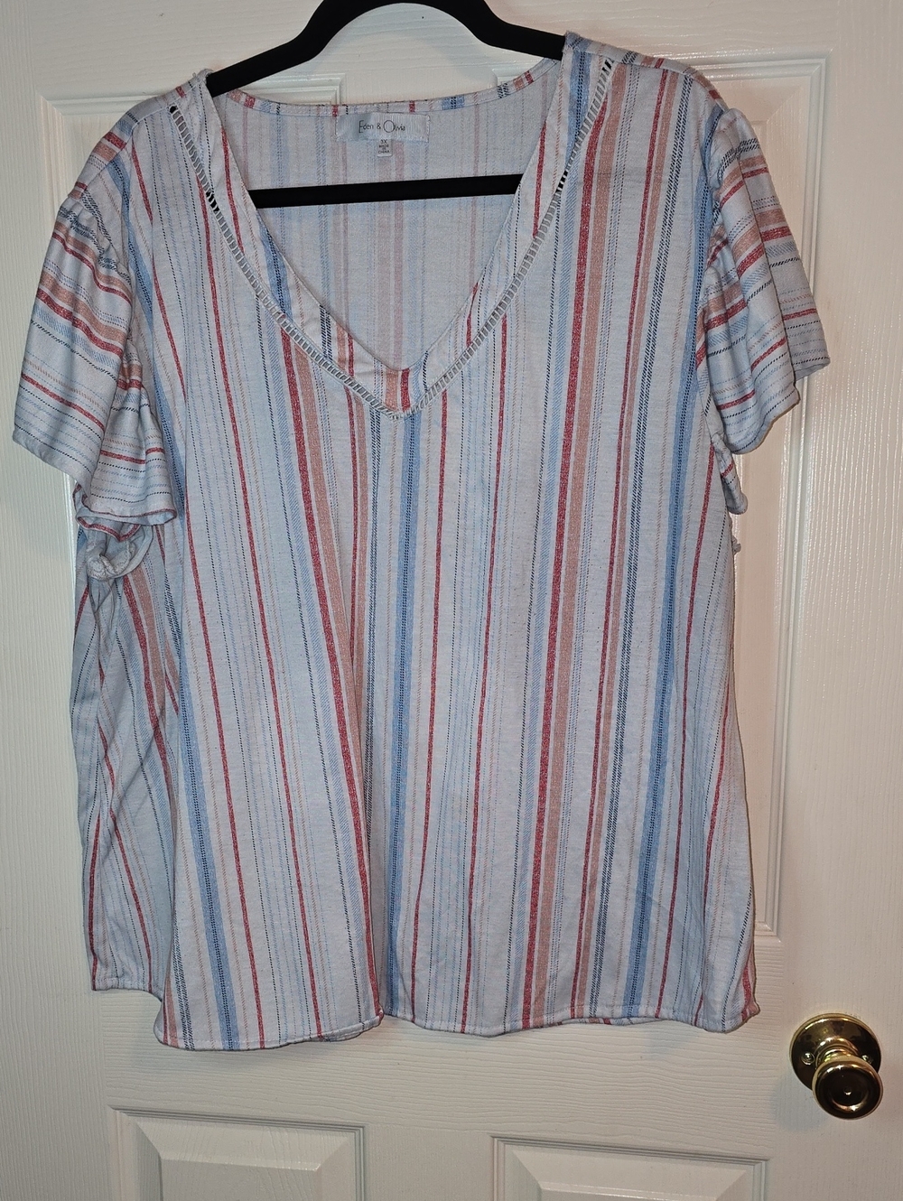 Eden & Olivia Red and Blue Striped V-Neck Short Sleeve Top